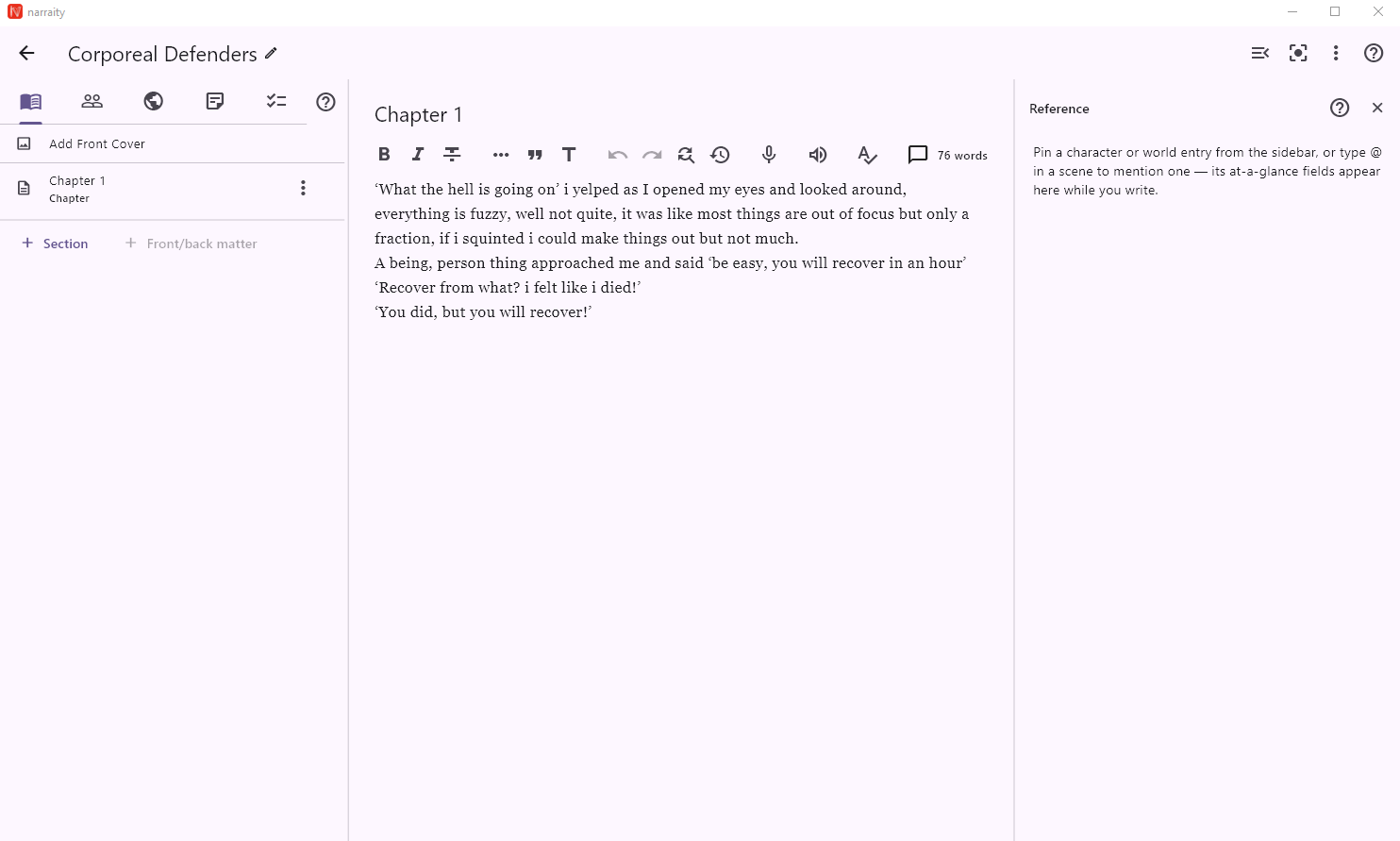Narraity manuscript editor on Windows with the chapter tree, formatting toolbar, and Reference Panel