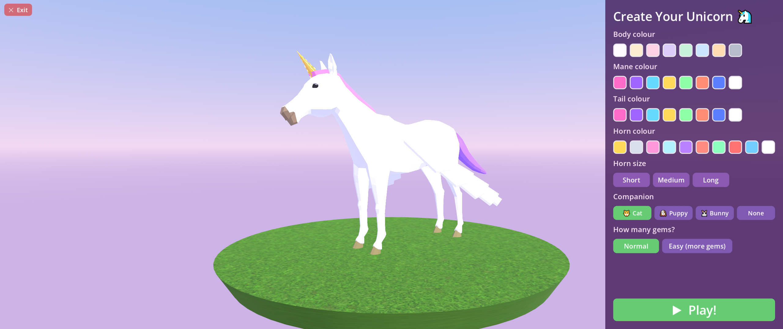 The create-your-unicorn screen, showing colour swatches for the body, mane and horn