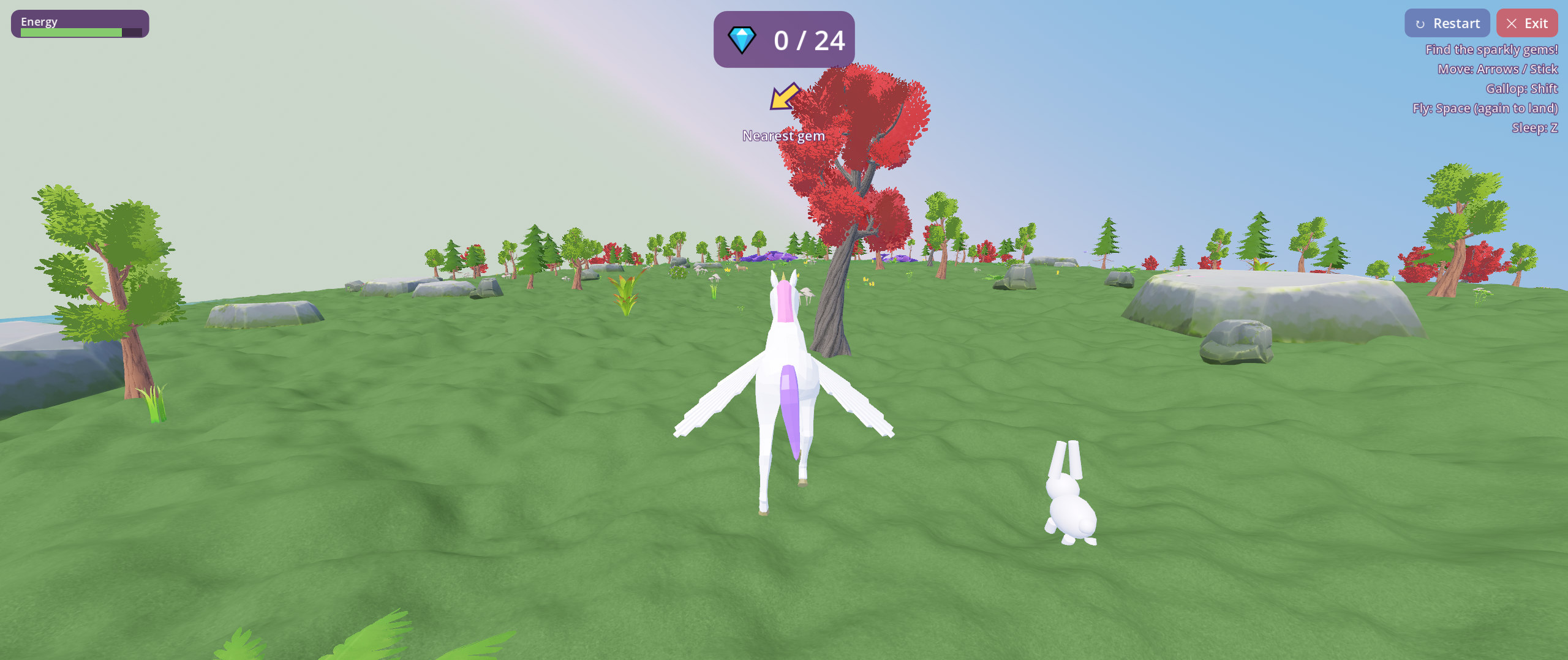 Gameplay of Octavia's Unicorn World — a pastel unicorn exploring a small round grassy planet under a soft sky